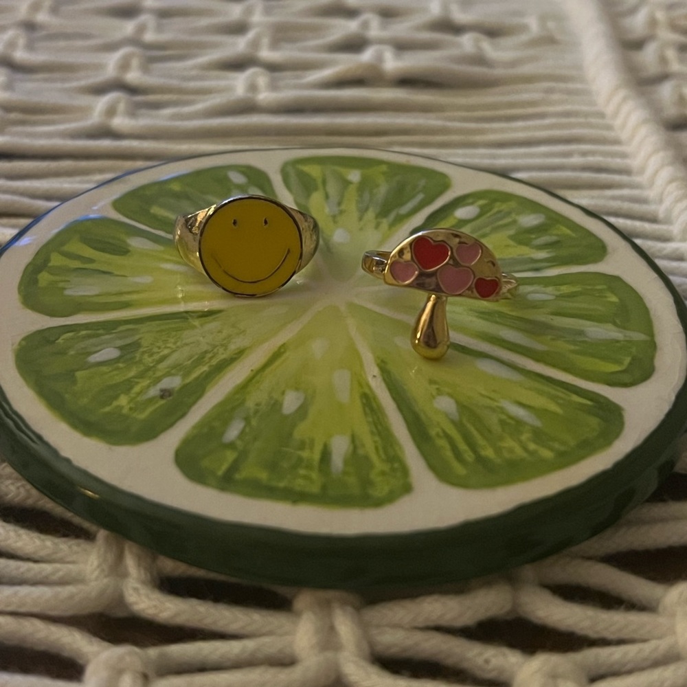 super cute smiley and mushroom ring , size 7